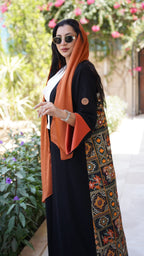 Black Crepe Abaya with Indian Fabric Embroidered in Orange
