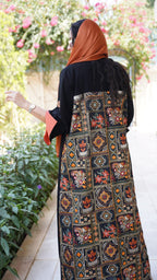 Black Crepe Abaya with Indian Fabric Embroidered in Orange