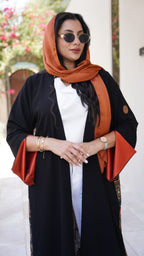 Black Crepe Abaya with Indian Fabric Embroidered in Orange