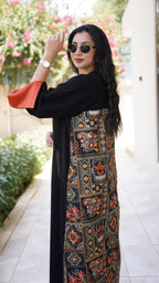 Black Crepe Abaya with Indian Fabric Embroidered in Orange