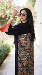 Black Crepe Abaya with Indian Fabric Embroidered in Orange
