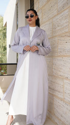 Embroidered gray satin abaya