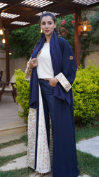 Navy crepe abaya with embroidered Indian fabric