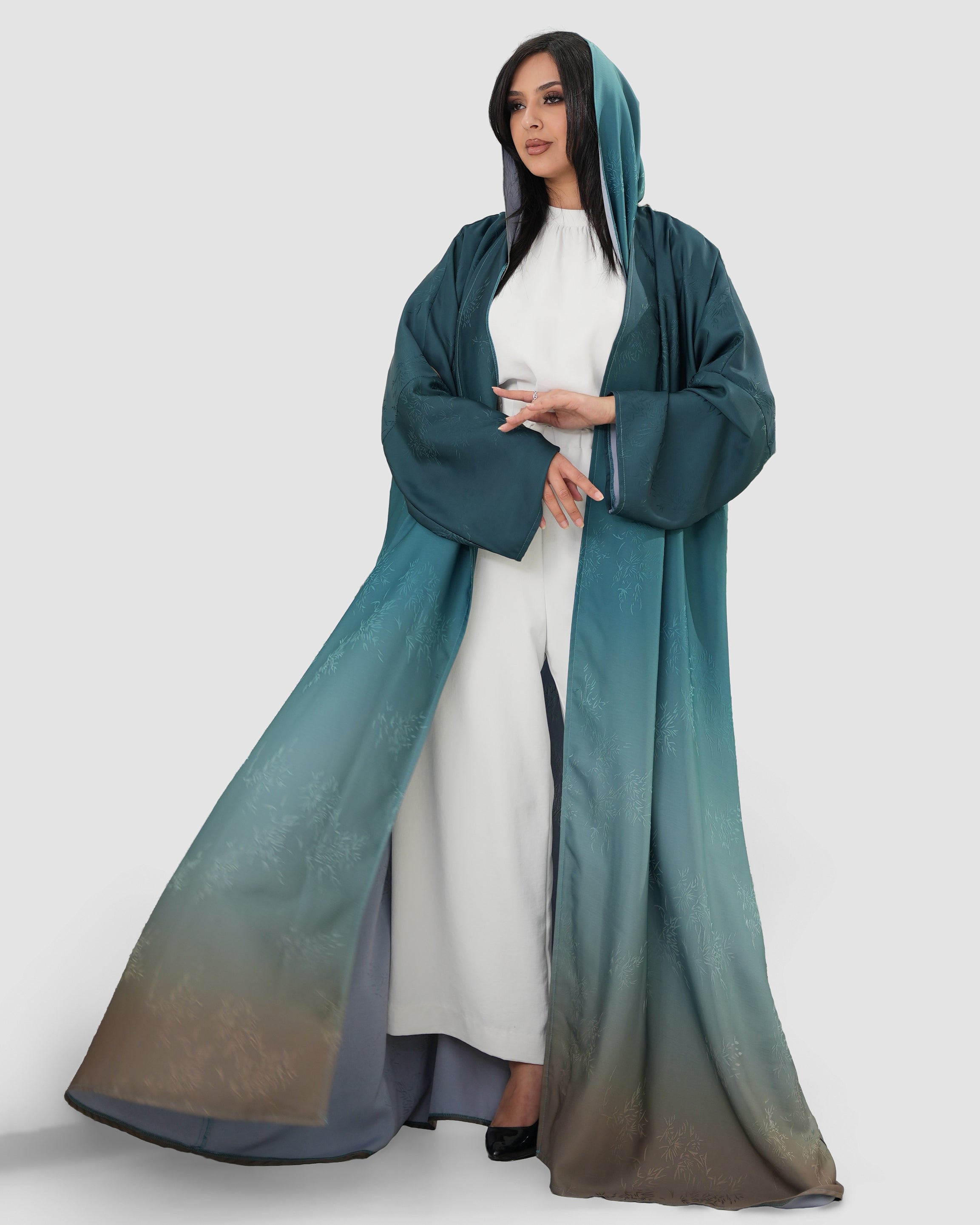 Turquoise and brown half bisht abaya