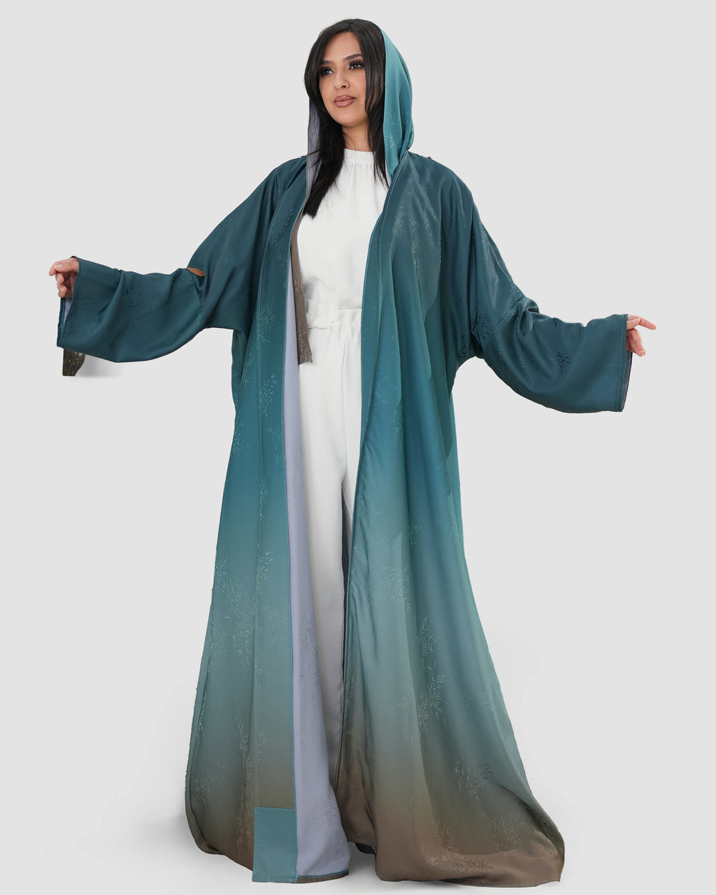 Turquoise and brown half bisht abaya