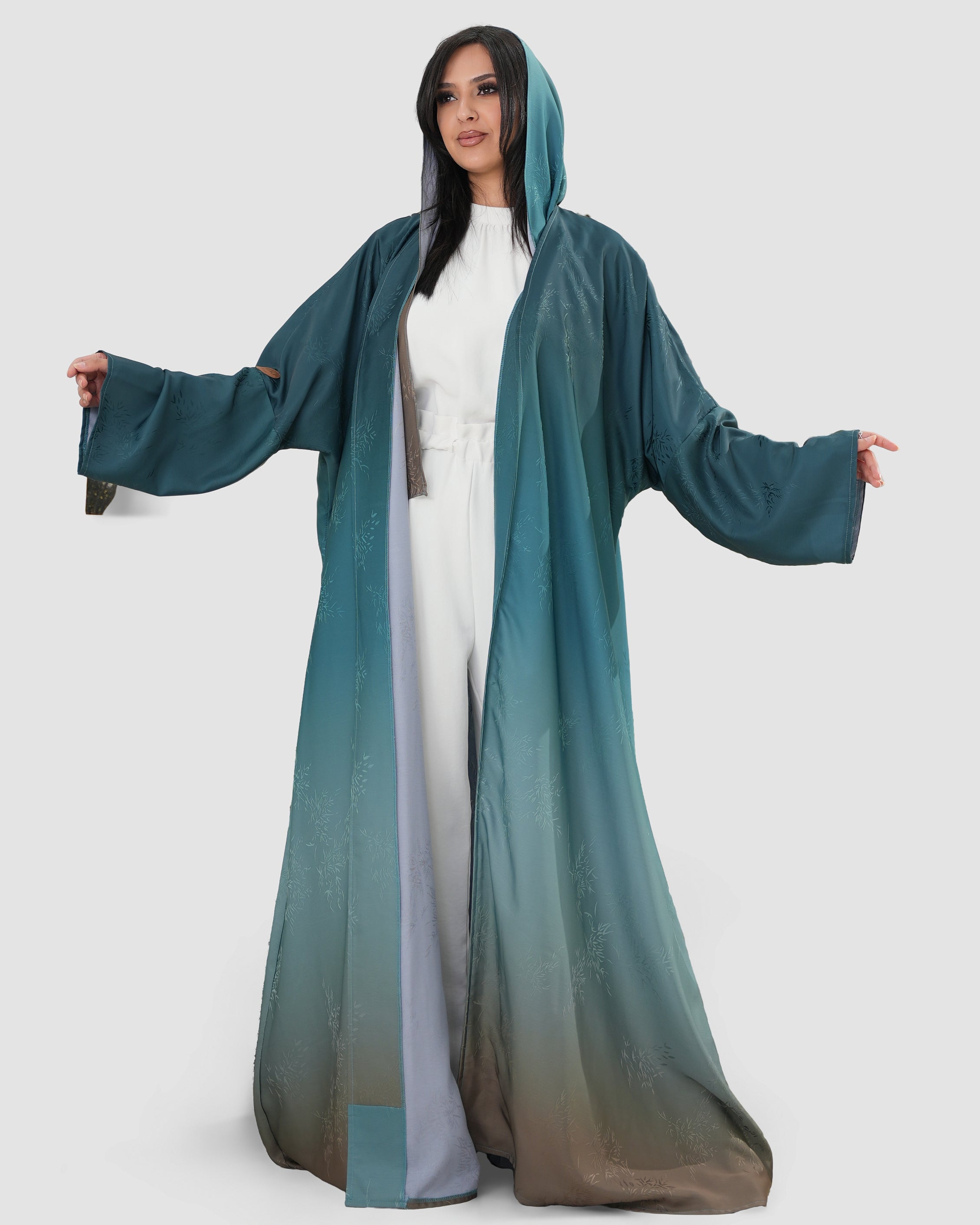 Turquoise and brown half bisht abaya