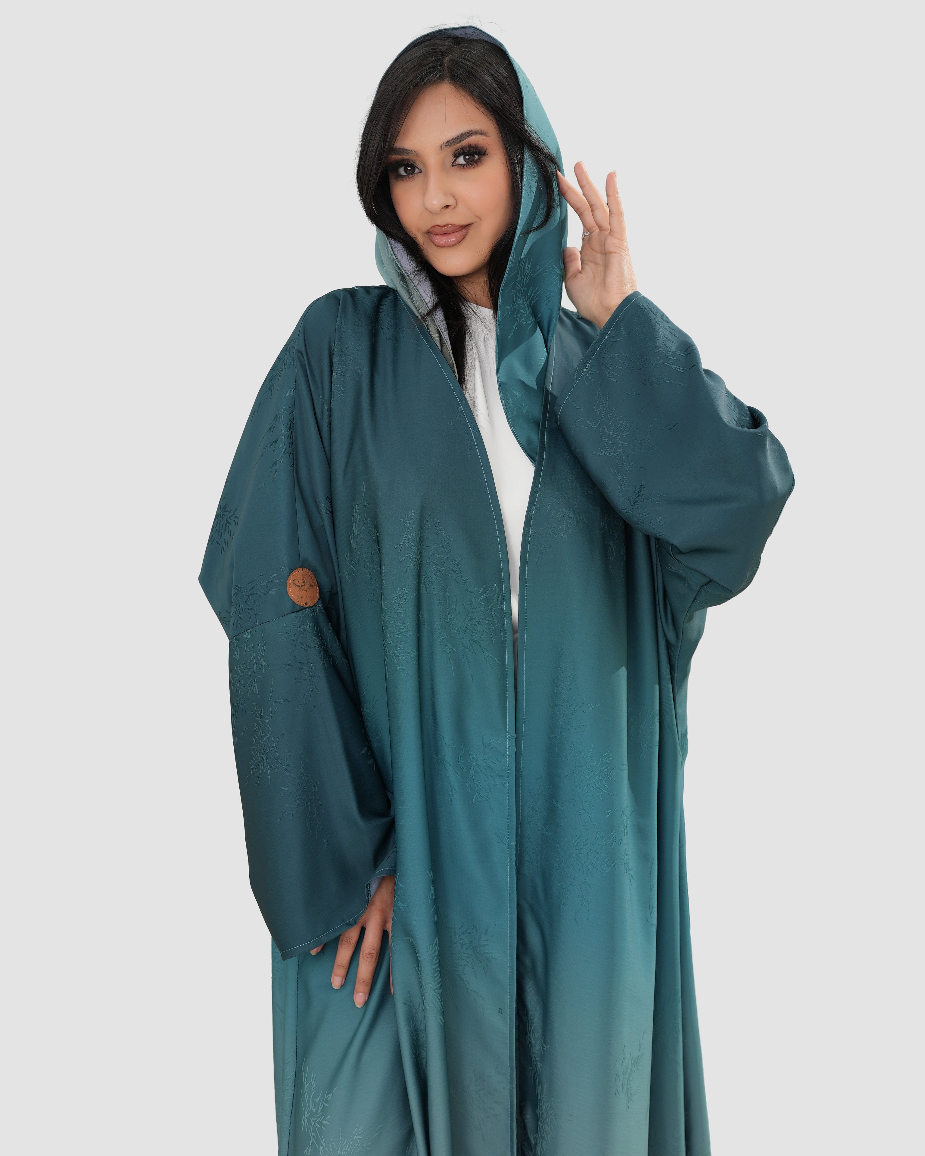 Turquoise and brown half bisht abaya