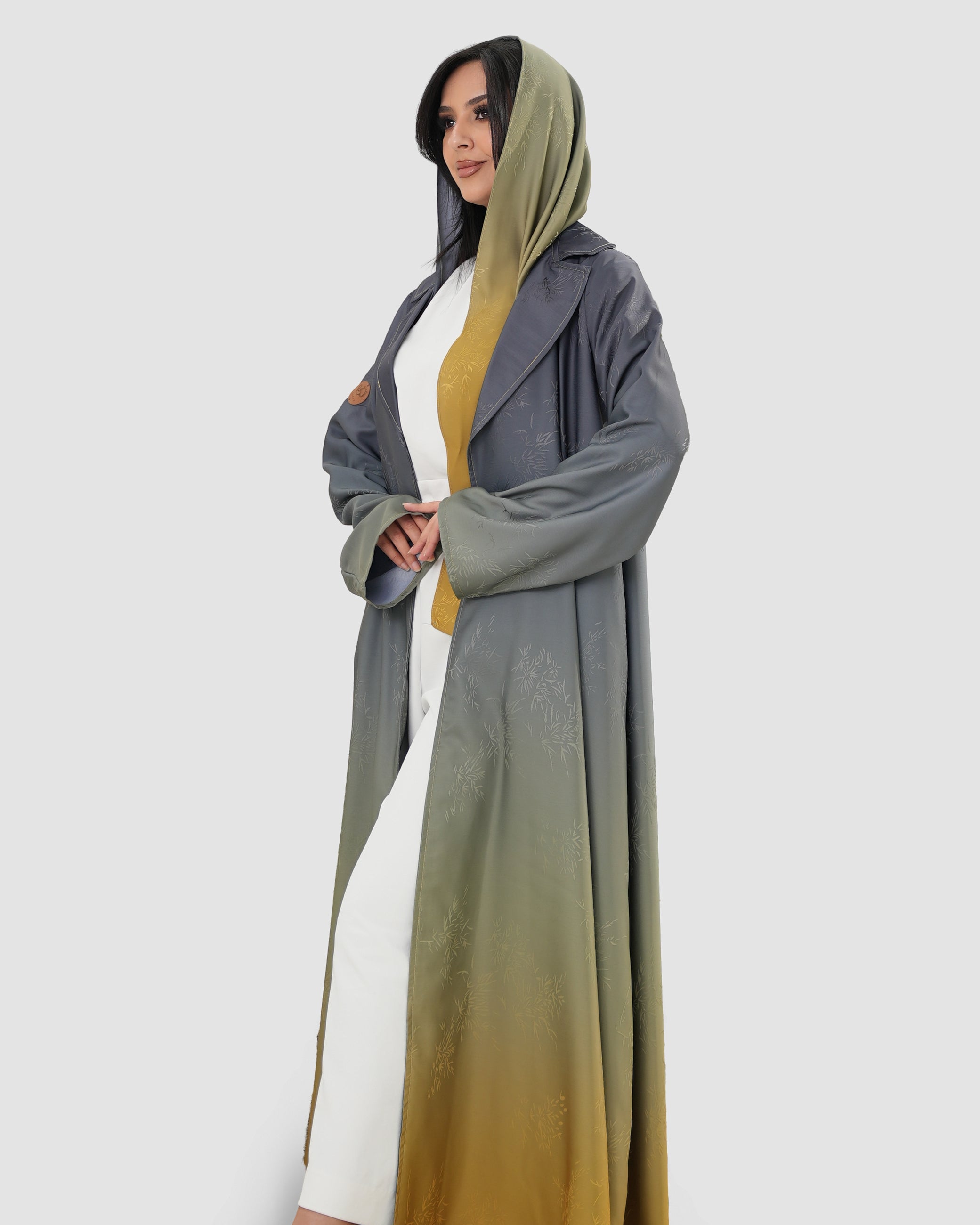 Gray and yellow wavy satin abaya