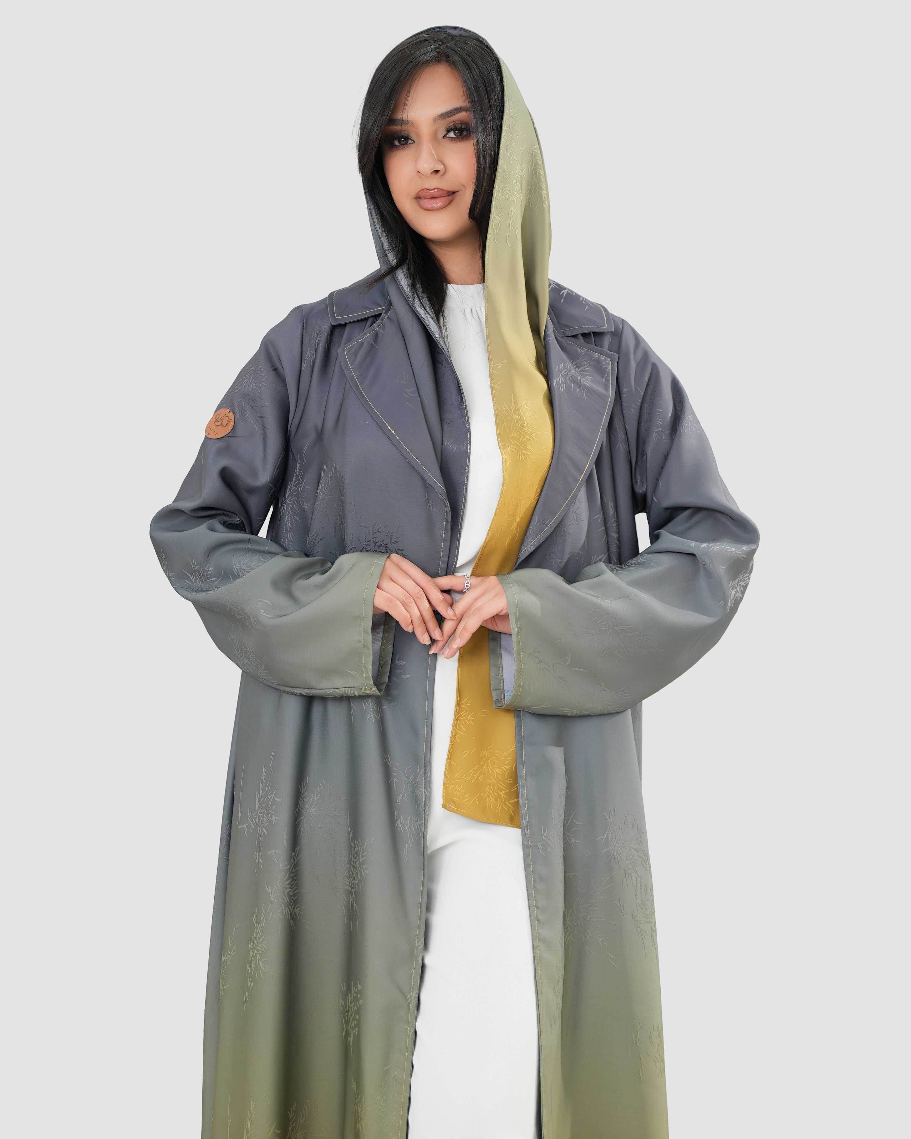 Gray and yellow wavy satin abaya